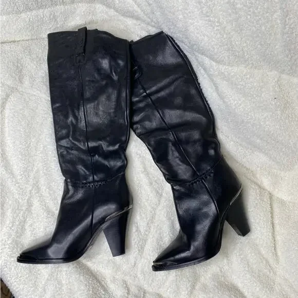 Free People Black Leather Knee High Stevie Boots Heeled Pointed‎ Toe Western 39 - Picture 5 of 9